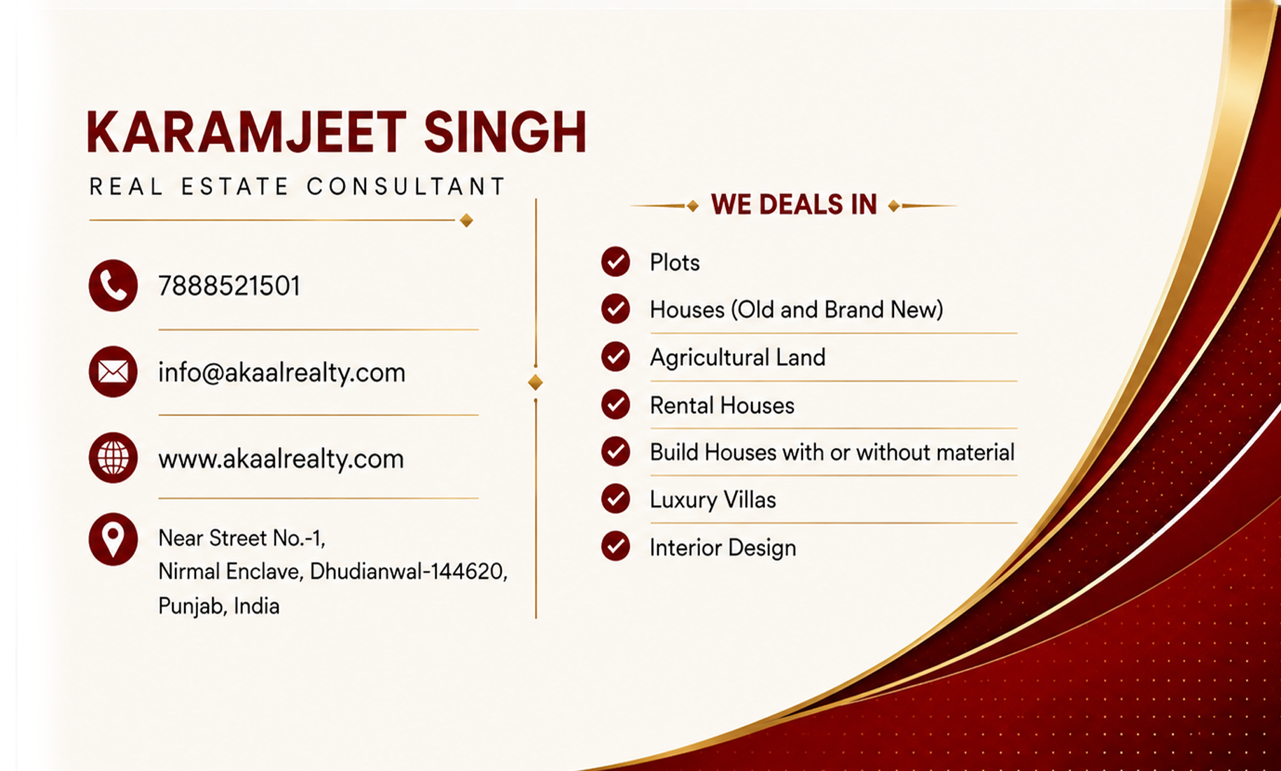 Karamjeet Singh — Akaal Realty visiting card front